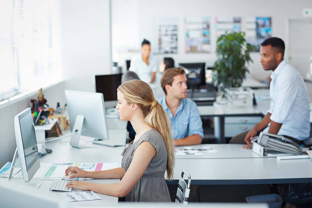 Team members work together in the office to drive innovation and customer service at AHP Body Products.